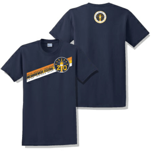 The 20th Indiana MIcrobrewers Festival souvenir tee has the event name on the front, along with "Drink Indiana Beer." The back features the Drink Indiana Beer logo