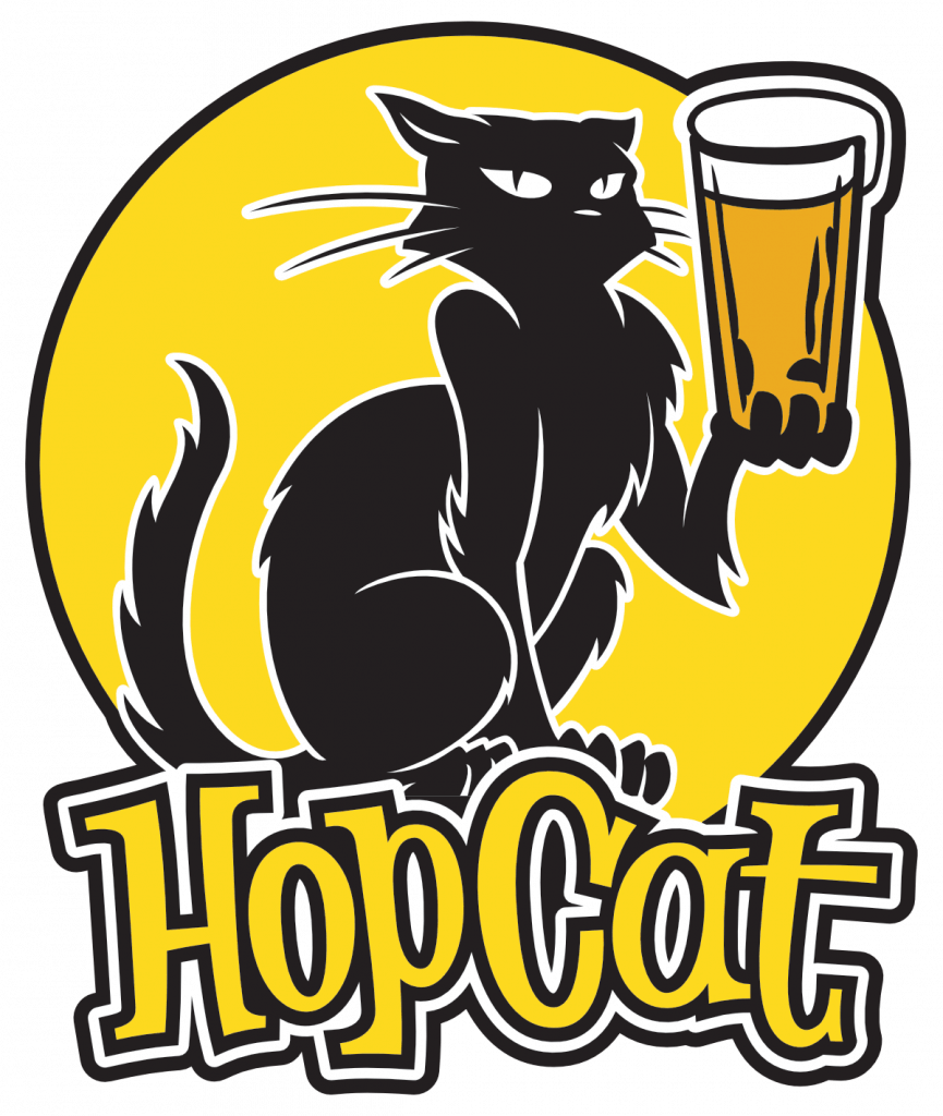 HopCat Logo: Black Cat holding a pint of beer in its paw in front of a yellow moon