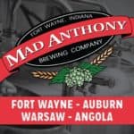 Mad Anthony Brewing Logo featuring text and hops - locations in Fort Wayne, Auburn, Warsaw and Angola