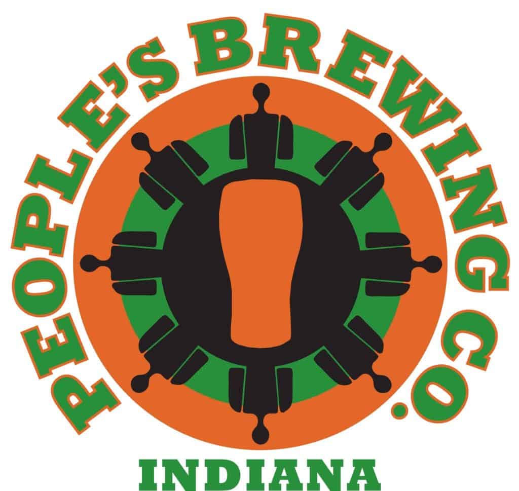Peoples Brewing Co. Logo Featuring an orange pint glass surrounded by a black circle with figures on the edge surrounded by a green circle and then another orange circle