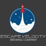Escape Velocity Brewing Logo featuring a red rocket flying up through clouds into a blue sky with stars