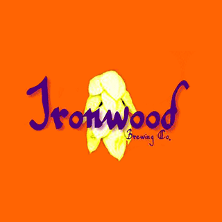 Ironwood Brewing Logo - Orange Square with purple lettering and a picture of a hop cone