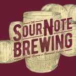 Square Red Background featuring the Sour Note Brew in text in front of bourbon barrels
