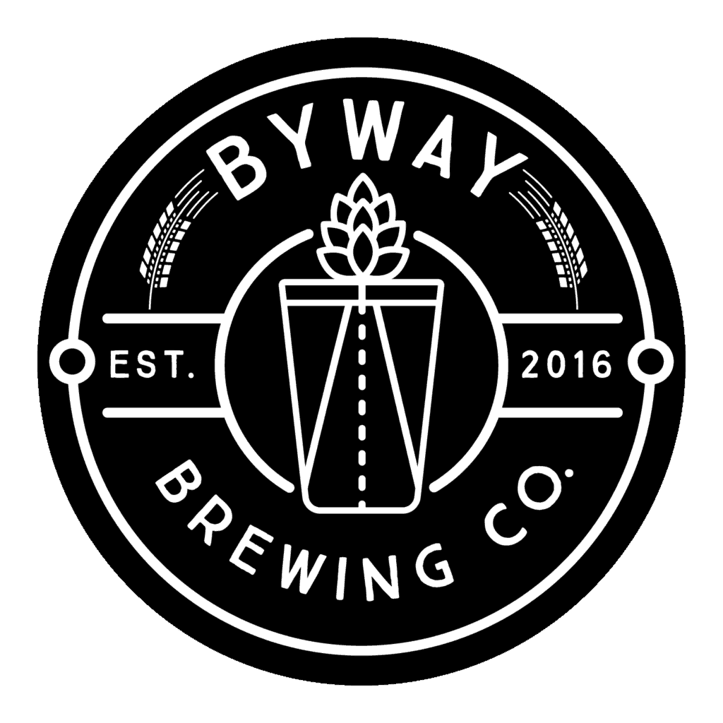 Byway Brewing Company Logo Black Circle with a white sketch of a pint glass with a highway leading to a hop cone