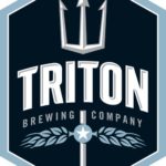 A Trident with a sheaf of barley on the handle on a black badge with the text Triton Brewing Company