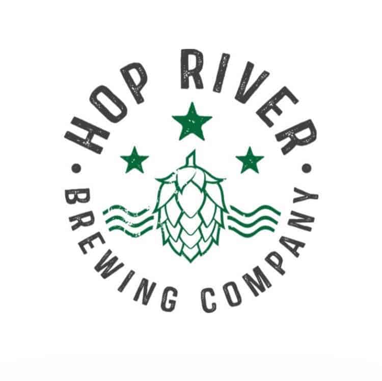 Hop cone with waves on either side and the text Hop River Brewing Company