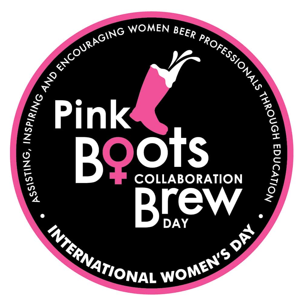 Pink Boots Society Collaboration Brew Day Text Based Logo Featuring a Pink Work Boot in Celebration of International Women's Day