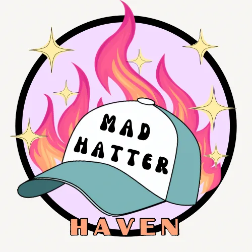 Mad Hatter Haven Logo Grey Hat with Flames Pink